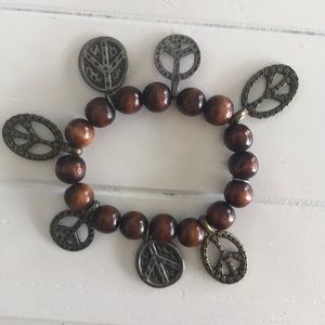 Lucky Brand wood bead Peace sign charm bracelet